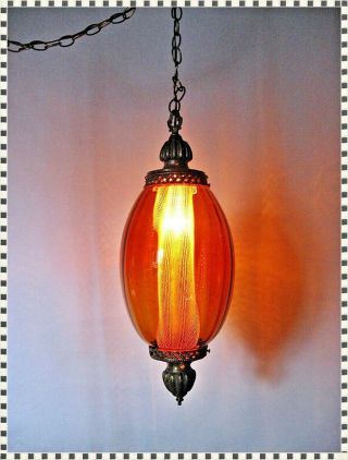 Vintage MID CENTURY MODERN Op Art Dark Amber Glass Hanging Swag Lamp Light 5