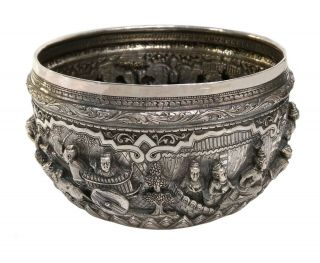 Antique Burmese Silver Bowl,  Rangoon/yangon Myanmar/burma,  Peacock Maker,  C.  1900