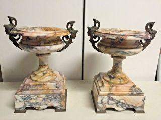 Pair Antique Marble Onyx Alabaster Bronze Figural Tazza Urn Heads Face Handles