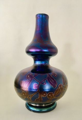 Loetz Gourd Vase Mistletoe Decor " Etching Ink " Iridescent Art Nouveau Glass