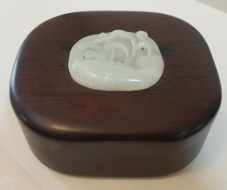 Antique Chinese Wood Box W/ Relief Carved Hetian Jade W/ Koi Fish Art