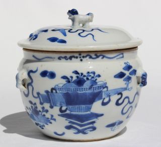 19tn Century Antique Chinese Blue White Porcelain Jar With Foo Dog On Lid Design