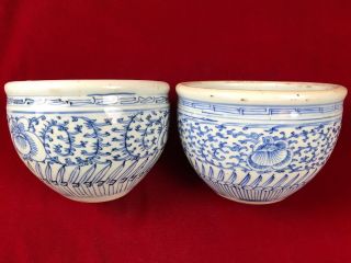 Antique Chinese Blue & White Lotus Porcelain Planters Flower Pots