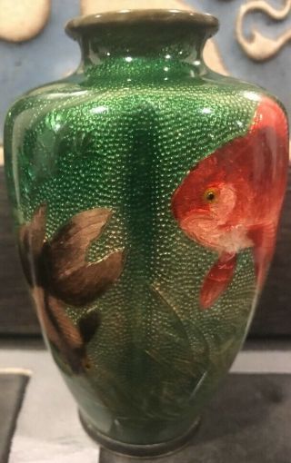 Antique Japanese Ota Toshiro Cloisonne Enamel Koi Fish 4.  75” Vase Signed