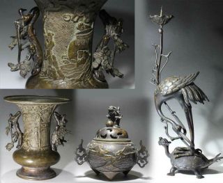 Japanese Buddhist Altar " Mitsu - Gusoku " Censer Vase Candlestand Crane & Turtle Nr