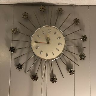 Midcentury Modern Ivory Gold Daisy Clock Starburst Style