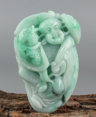 Chinese Exquisite Hand - Carved Buddha Fish Carving Jadeite Jade Pendant