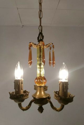 Small Vintage Spanish Style Ornate 3 Arm Chandelier Amber Prisms Antique Salvage