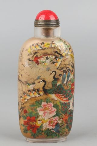 Chinese Exquisite Handmade Flowers Bird Glass Inside Painting Snuff Bottle