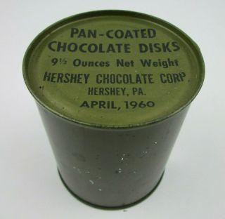 Vintage 1960 C Ration Pan Coated Chocolate Disks 9 1/2 Ounces Net Can Hershey 3
