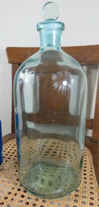 ANTIQUE LARGE LIGHT BLUE APOTHECARY BOTTLE W/ MATCHING STOPPER 12