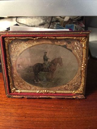 Civil War 1/4 Plate Tintype Of A Union Cavalryman Sitting On His Horse