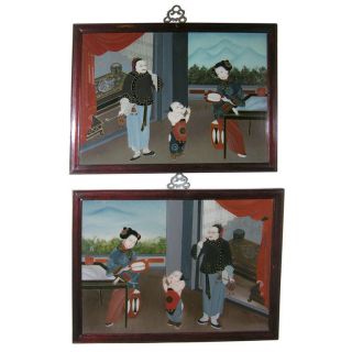 Chinese Reverse Glass Paintings,  A Pair