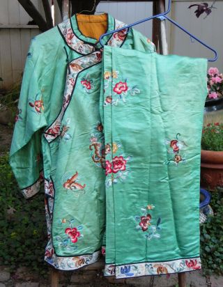 Women’s Antique Chinese Silk Embroidered Top and Pants Set Green Medium 2