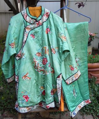 Women’s Antique Chinese Silk Embroidered Top and Pants Set Green Medium 4