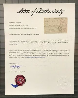 General Lawrence P.  Graham Signed 1864 Civil War Era Document Autographed w/ LOA 5