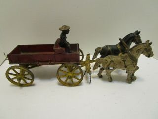 Antique Kenton Cast Iron Horse Drawn Wagon Buck Board W/driver All