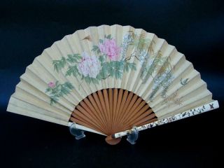 A Fine Antique Japanese/chinese Shibayama Silk Fan W Flowers & Insects