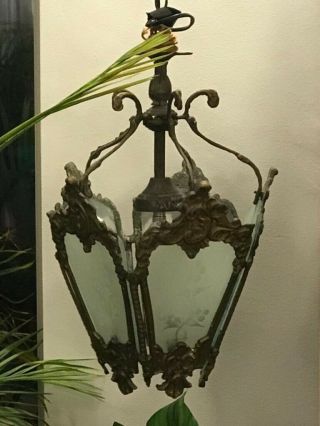Lovely Pair French Vintage Brass & Bevelled Glass Single Light Ceiling Lanterns
