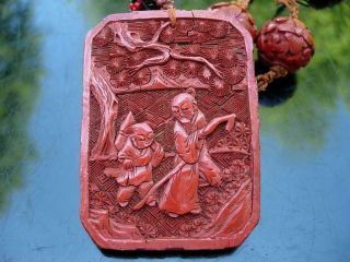 AN ANTIQUE CHINESE CARVED CINNABAR LACQUER PENDANT & BEADS NECKLACE 5