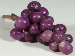 Italian Carved Vintage Alabaster Stone Fruit Realistic Purple Grapes Wood Stem