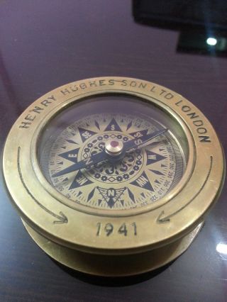 Rare Vintage Nautical Compass 3 " Henry Hughes Son London 1941 Desk Reading Lens.