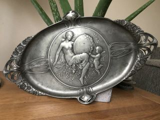 Antique C.  1900 - 1910 Stamped Wmf Silver Plated Art Nouveau Venus Cupid Card Tray