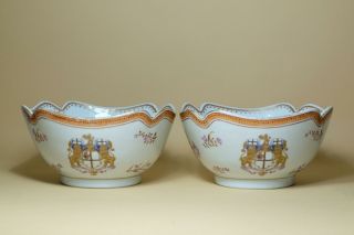 Pair Antique 18th Century Chinese Export Famille Rose Porcelain Armorial Bowls