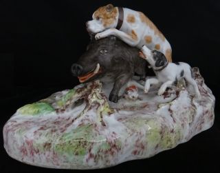 Rare German Porcelain Sculpture,  Wild Boar & Dogs.  Hochst Mark