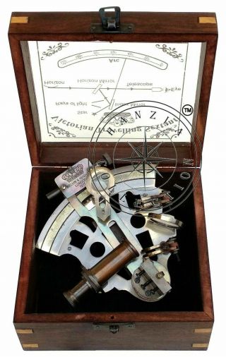 Antique Brass Nautical Sextant Vintage Maritime Astrolabe Wooden Box
