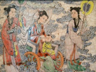 GOOD CHINESE FAMILLE ROSE GUAN WARE IMMORTAL ATTENDANTS PORCELAIN PLAQUE,  SIGNED 9