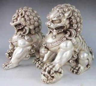 6 " A Pair Chinese Silver Bronze Fu Foo Dog Guardian Lion Statue