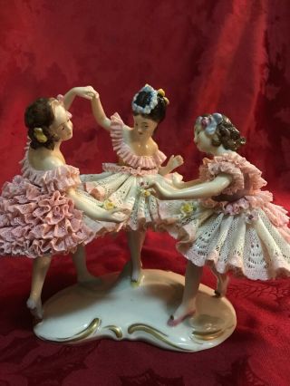 Rare Vintage Dresden Porcelain Lace Three 3 Girls Dancing Ballerinas Crown Mark