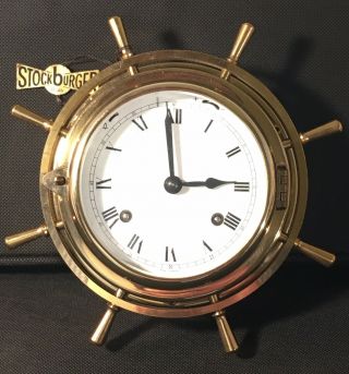 Vintage Stockburger Marine Keywind Brass Ship Wheel Striking Bell Wall Clock