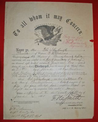1865 Discharge Document - 103rd Pennsylvania Vol.  Infantry Private