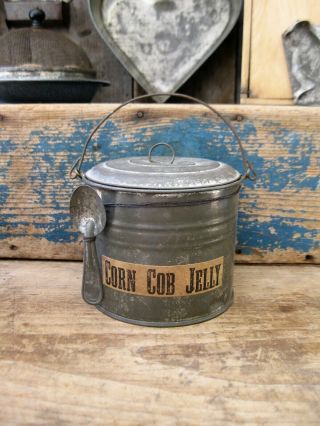 Antique Tin Berry Pail W Tin Spoon Corn Cob Jelly