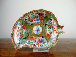Antique Chinese Canton Export Porcelain Leaf Plate Dish Famille Rose 19thc Qing