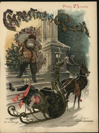Christmas Santa Claus Reindeer Sleigh Merry Gay 1890 Cover Lithograph Print