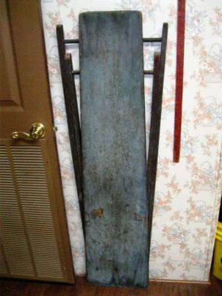 Antique Early Primitive Wood Ironing Board Orig Dry Cadet Blue Paint Laundry