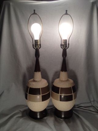 Pair Vtg Mid Century Modern Retro Brown Tall Ceramic Table Lamps