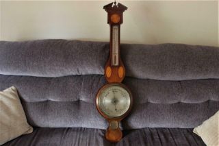 Antique Mahogany Barometer With Inlay & Stringing Banjo Shaped Order
