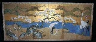 18c Japanese Edo Crane Under Flower Tree By A River Motif Six Panel Screen