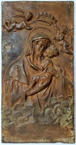 Antique 19th C Architectural Cast Bronze Relief Icon Wall Plaque Of Virgin Mary