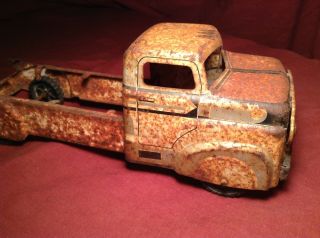 Antique Vintage 1940 ' s Structo Metal Old Tin Toy Rare Flatbed Tow Truck Cab Car 11