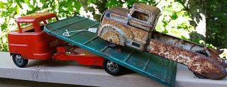 Antique Vintage 1940 ' s Structo Metal Old Tin Toy Rare Flatbed Tow Truck Cab Car 2
