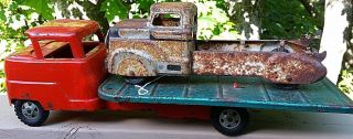 Antique Vintage 1940 ' s Structo Metal Old Tin Toy Rare Flatbed Tow Truck Cab Car 3