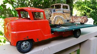 Antique Vintage 1940 ' s Structo Metal Old Tin Toy Rare Flatbed Tow Truck Cab Car 4
