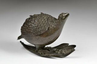 Japanese Meiji Period Quail Shaped Bird Cast Bronze Censer Incense Burner 3