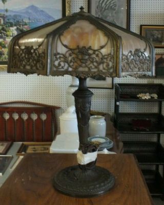 Vintage Art Nouveau Bronze Slag Glass Table Lamp 24 " Ms84