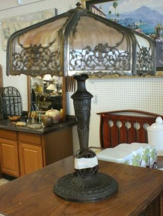 Vintage Art Nouveau Bronze Slag Glass Table Lamp 24 